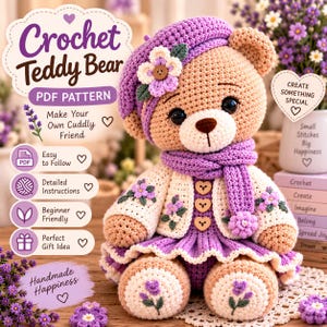 Könnte beinhalten: Ein gehäkelter beigefarbener Teddybär mit einer violetten Baskenmütze mit weißer Blume, einem violetten Schal und einer cremefarbenen Strickjacke mit Blumenakzenten über einem violetten Kleid. Der Bär hat dunkle Augen und eine braune Nase.