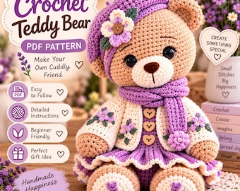 Lavender Teddy Bear Crochet Pattern PDF, Amigurumi Bear Doll, Floral Teddy Crochet Pattern, Cottagecore Plush Toy, Digital Download DIY Gift