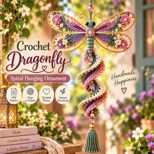 Puede incluir: Un adorno colgante de libélula de ganchillo con una cola en espiral en tonos morado, rosa y crema, decorado con cuentas y una borla. Las alas tienen pequeñas flores y cuentas. El texto incluye Crochet Dragonfly, Spiral Hanging Ornament y Handmade Happiness.