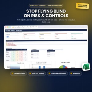 May include: A digital internal control dashboard spreadsheet interface featuring a risk heat map, automated alerts, and charts. The text reads: STOP FLYING BLIND ON RISK & CONTROLS, InternalControlSystem.xlsx, and DEMO + BLANK FILES INCLUDED.
