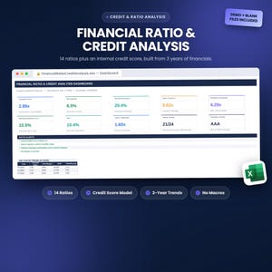 May include: A digital financial ratio and credit analysis dashboard template for Excel. The interface displays key metrics like current ratio, net margin, return on equity, debt to equity, interest coverage, and a 3-year trend table in a clean layout.