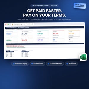 Può includere: Un'interfaccia di foglio di calcolo per la gestione di crediti e debiti con dati finanziari, inclusi totale in sospeso, posizione netta e rapporti di invecchiamento. Il testo recita GET PAID FASTER. PAY ON YOUR TERMS. Automatic aging, overdue alerts & a rolling cash-in vs. cash-out forecast.