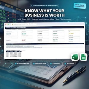 May include: A digital business valuation and financial modelling dashboard displayed on a screen, featuring a 5-year DCF forecast, sensitivity grid, and Bear, Base, and Bull scenarios. Includes Excel and Google Sheets icons and a black fountain pen.