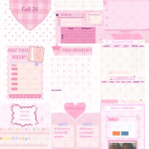 May include: A digital college planner set in shades of pink featuring various templates including a class schedule, priority list, assignment tracker, exam tracker, mental health check-in, self-care goals, and a semester highlights page with heart motifs.