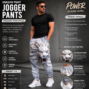Könnte beinhalten: Graue Jogginghose mit einem großen, detaillierten 3D-Drachenaufdruck in Weiß auf der Vorderseite. Die Hose verfügt über einen elastischen Bund mit Kordelzug, Seitentaschen und gerippte Bündchen an den Knöcheln. Mit begleitendem Text.