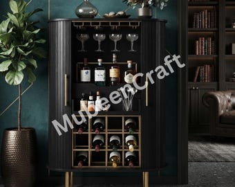 Modernt svart vinskåp med skjutdörr, glashållare, förvaring för kaffebar (16 flaskor)