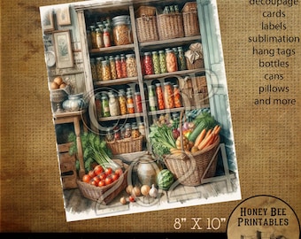 Digital Download, Printable, Decoupage, Vintage, Primitive, 8x10, Primitive Pantry, Buttery, Kitchen, Vegetables, Harvest, Canned Goods, 2