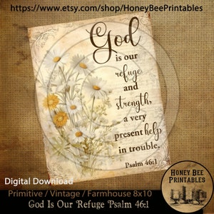 Puede incluir: Un cartel imprimible de estilo farmhouse de 8x10 pulgadas con un fondo floral y el texto "Dios es nuestro refugio y fortaleza, una ayuda muy presente en la dificultad. Salmo 46:1".