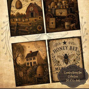 May include: Set of four 4x5 inch vintage-style prints featuring honey bee and farm scenes. The prints include a barn, a honey wagon, a house, and a sign with a bee illustration. The collection is labeled "Honey Bee Mercantile."