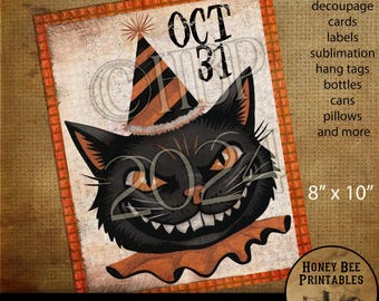 May include: A printable design featuring a black cat wearing a party hat with the text "OCT 31 2022". The design is in a vintage style with a distressed background. The image is 8 inches by 10 inches.