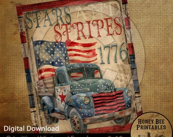May include: A digital printable design featuring a vintage blue pickup truck decorated with red, white and blue stars and stripes. The truck is carrying an American flag and the text "Stars and Stripes 1776" is displayed above the truck.