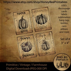 Digitaler Download, druckbar, Serviettentechnik, Vintage, primitiv, Herbst Kürbis 3x4 schwarz & weiß Vorratsbehälter Etiketten, für Gläser, Dosen, Holz