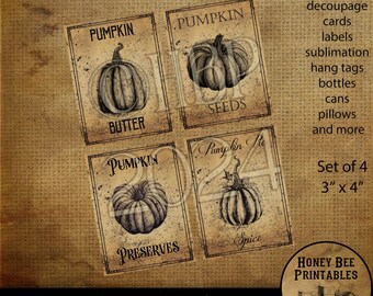 Digital Download, Printable, Decoupage, Vintage, Primitive, Fall, Autumn Pumpkin 3x4 black & white pantry labels, use for Jars, Cans, wood