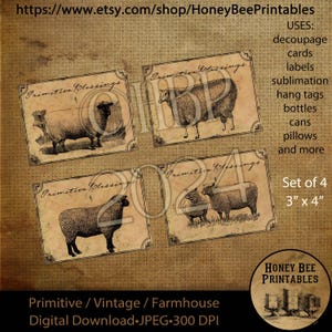 Op de afbeelding: Set van vier afdrukbare digitale afbeeldingen van 7,6 x 10,2 cm met zwart-wit illustraties van schapen met de tekst "Primitive Blessings" op een bruine achtergrond.