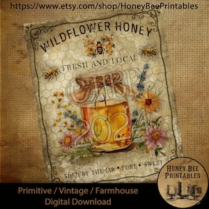 Download digitale vintage stampabile sublimato decoupage primitivo, estate, miele, api, ape mellifera, miele fresco, ape mellifera, miele di fiori selvatici