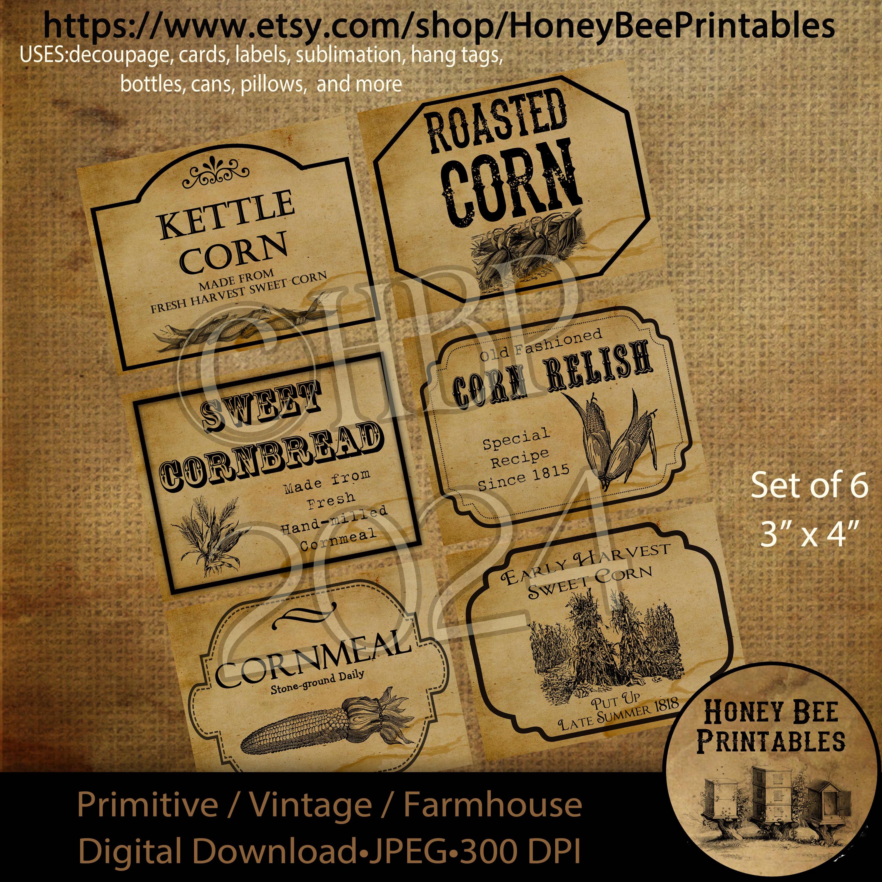 Cornbread Label Color Digital Download, Printable, Decoupage, Set/6, Primitive Pantry Labels ...