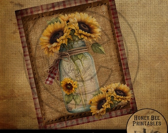 May include: A digital printable featuring a vintage farmhouse style image of sunflowers in a mason jar on a burlap background with a red and white gingham border. The text "Mala" is visible on the jar. The image is 8 inches by 10 inches.