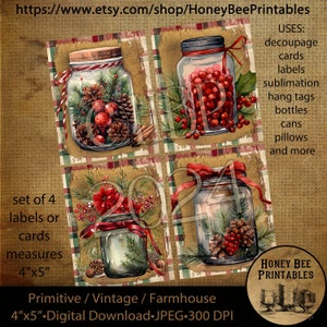 vintage primitif instantané imprimable découpage, lot /4 cartes, étiquettes, étiquettes, ornements, Noël dans un bocal, pommes de pin, baies