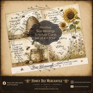Puede incluir: Un conjunto de cuatro tarjetas de escrituras de 3"x4" con ilustraciones de estilo vintage que muestran una colmena, girasoles, un tarro de miel y flores silvestres. Cada tarjeta incluye texto impreso con versículos bíblicos y el título.