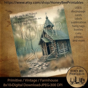 May include: A digital printable image of a rustic wooden church with a stone foundation. The church is surrounded by trees and a path of stones. The image has the text "I can do all things through Christ which strengtheneth me. Phil 4:13" and "2024" on it. The image is 8x10 inches and 300 DPI.