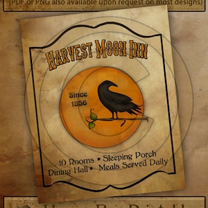 Primitive Harvest Moon Inn Halloween-Printable Digital Feedsack Logo JPEG File-Instant Download-Use for Pillows,Bears,Framed Prints,Labels