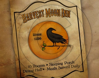 Primitive Harvest Moon Inn Halloween-Printable Digital Feedsack Logo JPEG File-Instant Download-Use for Pillows,Bears,Framed Prints,Labels