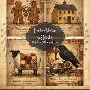Può includere: Un set di quattro stampe Primitive Valentine di 10x13 cm. Le stampe presentano una coppia di pan di zenzero, una casa gialla a scatola di sale, una pecora con un cuore e un corvo con una chiave. Le stampe hanno uno stile vintage e rustico.