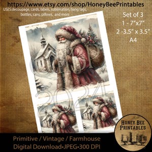 Könnte beinhalten: Set aus drei digitalen Drucken mit einer Vintage-Illustration des Weihnachtsmanns in einer verschneiten Landschaft. Das Set enthält ein Bild von 17,78 cm x 17,78 cm und zwei Bilder von 8,89 cm x 8,89 cm, ideal für Decoupage und Bastelarbeiten. Das Bild ist mit "2024" beschriftet.