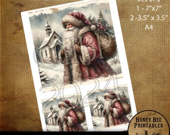 Descarga digital, arte digital, imprimible, decoupage, primitivo, granja, suministros para manualidades, juego de 3, A4, Papá Noel del Viejo Mundo, capilla, 7 x 7, 2-3,5