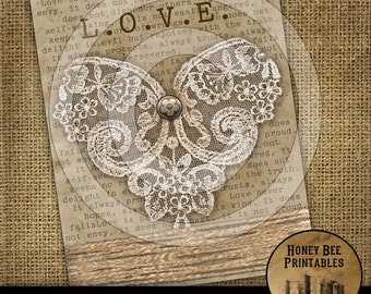 Imprimible de estilo rústico vintage (archivo JPEG, descarga instantánea, 8 x 10) - Arte alterado con encaje de corazón de San Valentín - Creación de tarjetas - Enmarcar - Etiquetas