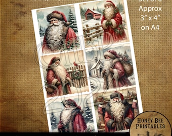 Descarga digital, arte digital, imprimible, decoupage, primitivo, estilo rústico, suministros para manualidades, juego de 6, 3 x 4, A4, Papá Noel del Viejo Mundo, Papá Noel