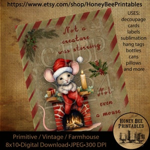 Vintage Primitive Instant Download Printable Decoupage, Vintage Christmas Mouse, Mice, Christmas, Not A Creature Was Stirring, Cards, Tags,