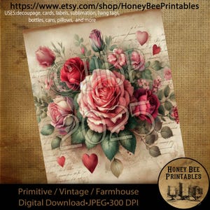 Download digital, imprimível, decoupage, primitivo, suprimentos de artesanato, vintage, rústico, surrado, dia dos namorados, rosas, rosa, flores, floral, amor, 4