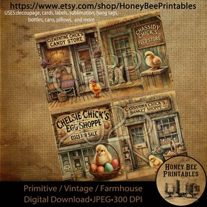 May include: Four vintage-style illustrations of shops with names like "Clementine Chick's Candy Store", "Chasssidy Chick's Feed Store", "Chelsie Chick's Egg Shoppe", and "Cassandra Chick's Basket Shoppe". Each illustration features a chick and a rustic wooden storefront.