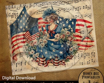 May include: A digital printable featuring a vintage illustration of a woman in a blue dress with stars and stripes, holding American flags and flowers, set against a background of sheet music.
