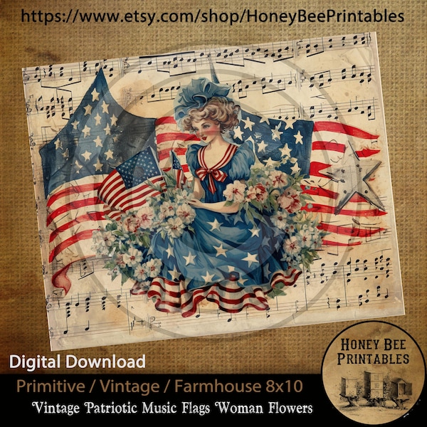Vintage Primitive Farmhouse Digital Download Printable Sublimation Decoupage JPEG Labels Patriotic Grungy Flag Lady America Music Stars USA