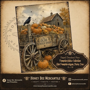 May include: A digital print featuring a rustic wooden wagon filled with orange pumpkins and a black crow perched on the side. The wagon has a sign reading The Olde Pumpkin Wagon. In the background, a weathered barn stands under a cloudy sky.