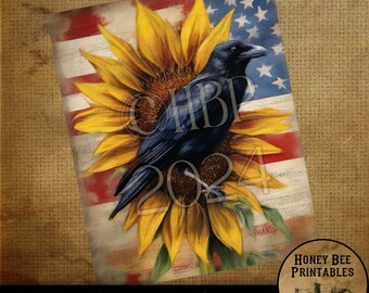 Vintage digitale download afdrukbare sublimatie decoupage decoupage primitief, schilderij, patriottisch, americana, vlag, kraai, zonnebloem, kraai op zonnebloem