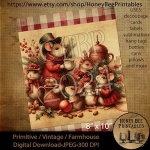 Digital Download, Printable, Decoupage, Vintage,  Primitive, Farmhouse, 8x10, Christmas, Victorian Mice, Christmas Mice, Mouse, #1