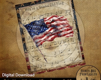 May include: A digital printable design featuring a vintage-style American flag with the words "You're a Grand Old Flag" and sheet music in the background. The design is perfect for patriotic home decor.