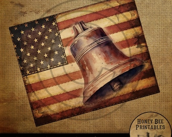 Vintage Primitive Farmhouse Digital Download Printable Sublimation Decoupage Labels Patriotic Grungy American Flag Liberty Bell 1876 Bronze
