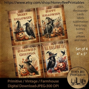 Digital Download, Printable, Decoupage, Primitive, Halloween, witch hat, jack-o-lantern, fall, autumn, cards, labels, tags, Set of 4, 4x5, 2