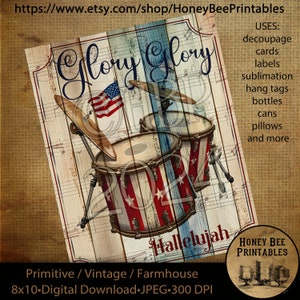 Vintage Primitive Farmhouse Digital Download Printable Decoupage Patriotic America, Glory Glory Hallelujah, Drums, Music, 4th of July, USA
