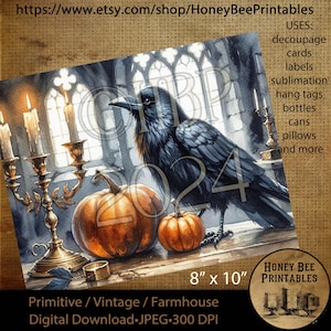 Digital Download, Printable, Decoupage, Vintage, Primitive, Fall, Autumn, Tablescape, Halloween, Crow, Cathedral, Candlesticks, Gothic, 8x10