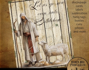Könnte beinhalten: Ein digital druckbares Bild mit einer Vintage-Illustration eines Hirten mit einem Stab und einem Lamm. Das Bild hat einen rustikalen Holzhintergrund und den Text "Let us go now even unto Bethlehem..." in einer dekorativen Schriftart. Das Bild ist 20,32 cm x 25,4 cm groß und hat eine Auflösung von 300 DPI.