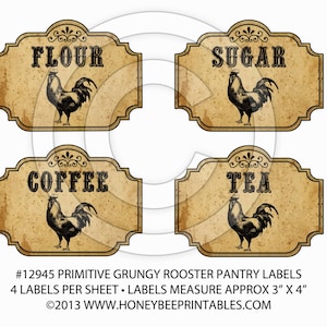 Primitive Rooster Kitchen Pantry Farmhouse Labels-Printable Digital JPEG - Instant Download - 12945 Jars, crock, crates, books, journals,etc