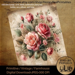Download digital, imprimível, decoupage, primitivo, suprimentos de artesanato, vintage, rústico, surrado, dia dos namorados, rosas, rosa, flores, floral, amor, 3