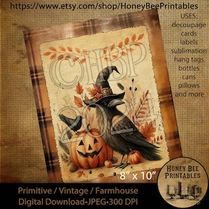Digital Download, Printable, Decoupage, Vintage, Primitive, Fall, Autumn, Crows, Jack-O-Lantern, Halloween Greetings, 8x10 labels, tags, 2