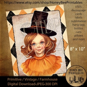 Digital Download, Digital Art, Printable, Decoupage, Vintage, Primitive, Fall, Autumn, Retro Halloween, Witches, Whimsical, Witch, 8x10, #4
