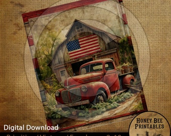 Vintage Primitive Farmhouse Instant Download Printable Sublimation Decoupage 8x10 Cans Labels Patriotic Americana Old Red Truck Flag Barn